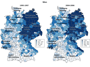 Figure 1. Life expectancy at birth in the German districts, men. Note: Life expectancy in the districts is divided into 5 classes according to life expectancy quintiles in the districts. Names refer to the German federal states. Source: Kibele (2012)
