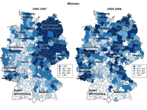 Figure 2. Life expectancy at birth in the German districts, women. Note: Life expectancy in the districts is divided into 5 classes according to life expectancy quintiles in the districts. Names refer to the German federal states. Source: Kibele (2012)