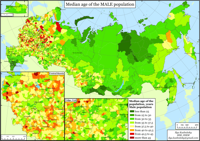 Figure 2a. Median age of the MALE population, Russia, municipalities, 2010. Source: Russian Census 2010.