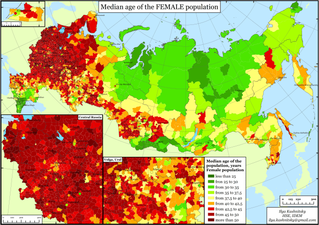 Figure 2b. Median age of FEMALE population, Russia, municipalities, 2010. Source: Russian Census 2010.